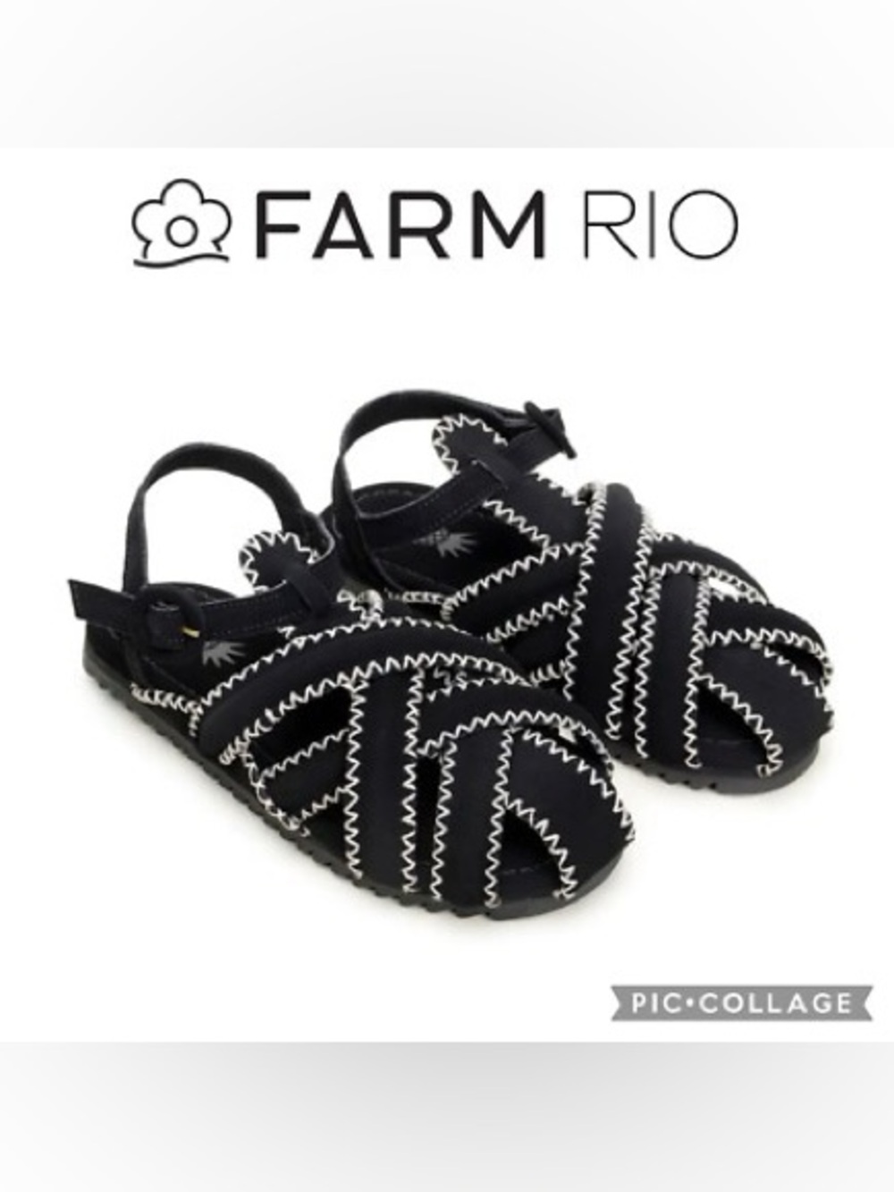 FARM Rio Black Sandals with White Zigzag Stitching